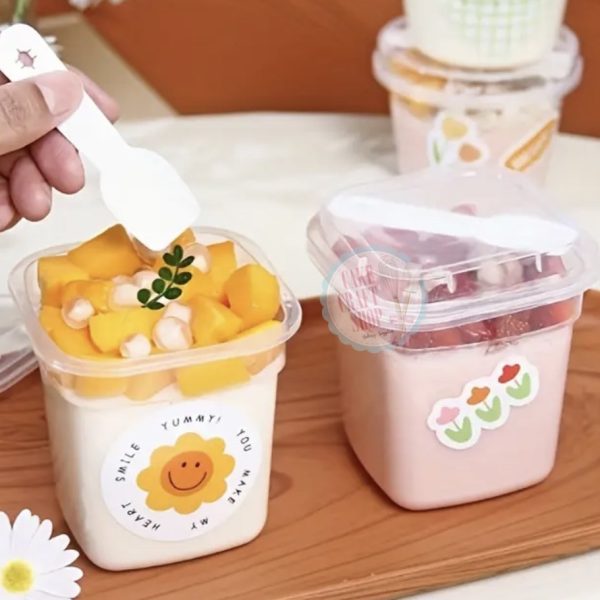 Square Dessert Cup with Lid & Spoon (10pcs)